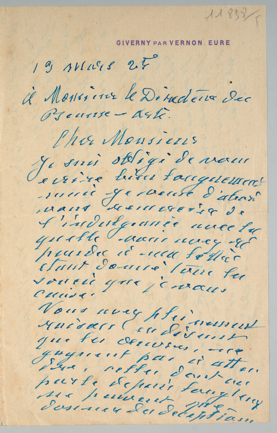 Claude Monet - Lettre autographe de Claude Monet au Directeur des Beaux-Arts où ...