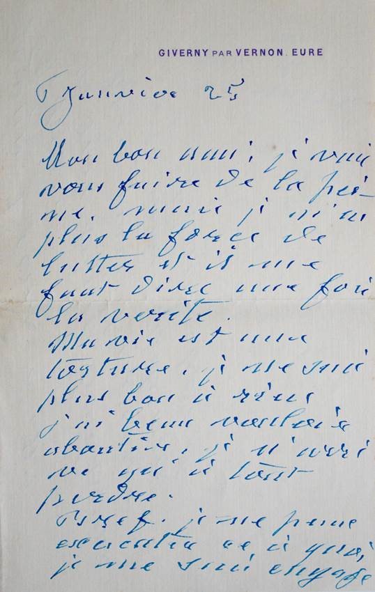 First page of Claude Monet's letter to Georges Clemenceau, January 6, 1925