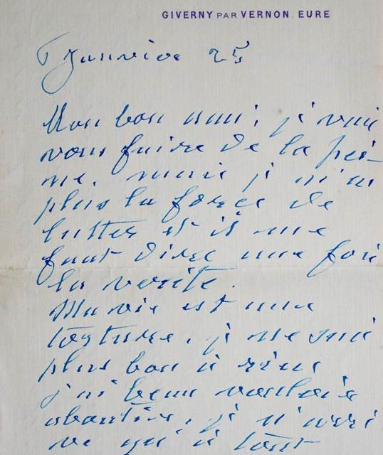 Claude Monet, letter from Claude Monet to Georges Clemenceau, January&nbsp;6, 1925, blue ink on paper, 3 pages, DOCOR 2021.1.1 ©  Patrice Schmidt
