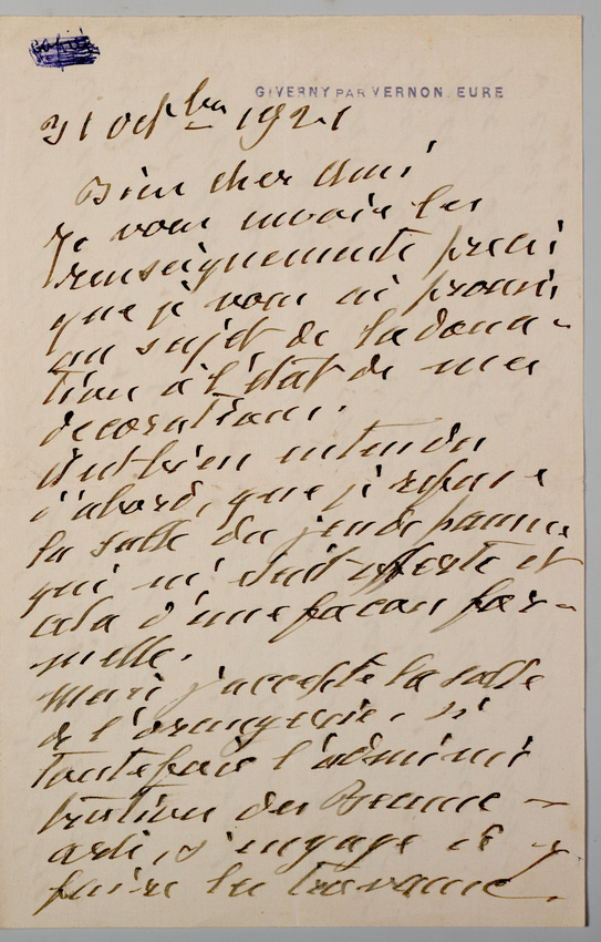 Claude Monet - Lettre de Claude Monet à Georges Clémenceau où il accepte la sall...