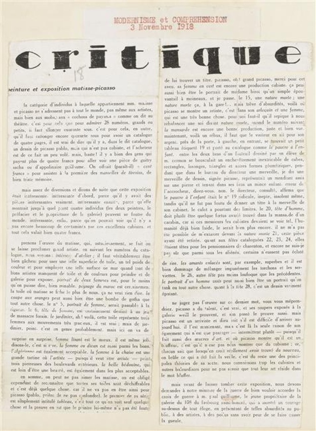 Anonyme - Critique : peinture et exposition Matisse-Picasso