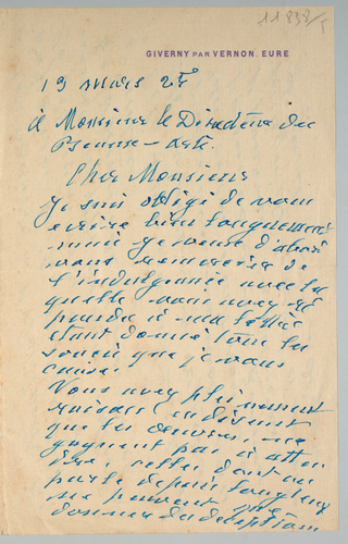 Claude Monet - Lettre autographe de Claude Monet au Directeur des Beaux-Arts où ...
