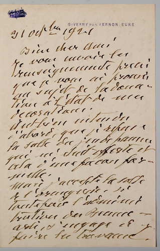 Claude Monet - Lettre de Claude Monet à Georges Clémenceau où il accepte la sall...